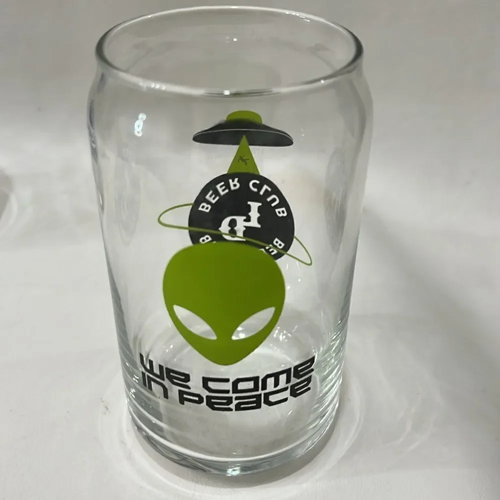 Beer Glasses 16 Ounce Blue Green Or White Lettering 5 1/4 In Tall 2 1/2 In Round